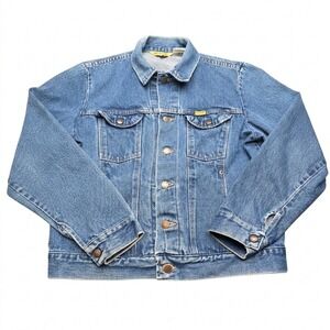 VTG Rustler Denim Trucker Jacket Made in USA Size L 100% Cotton 13oz Western 90s